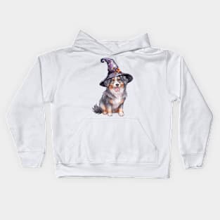 Watercolor Australian Shepherd Dog in Witch Hat Kids Hoodie